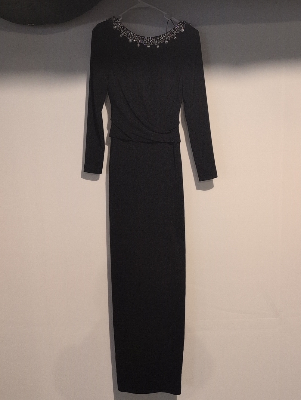 Dress the Population Black Long-Sleeve Maxi Dress with Jeweled Neckline